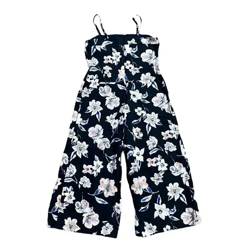 Banana Republic Linen Cotton Floral Wide Leg Jumpsuit Navy Size 6